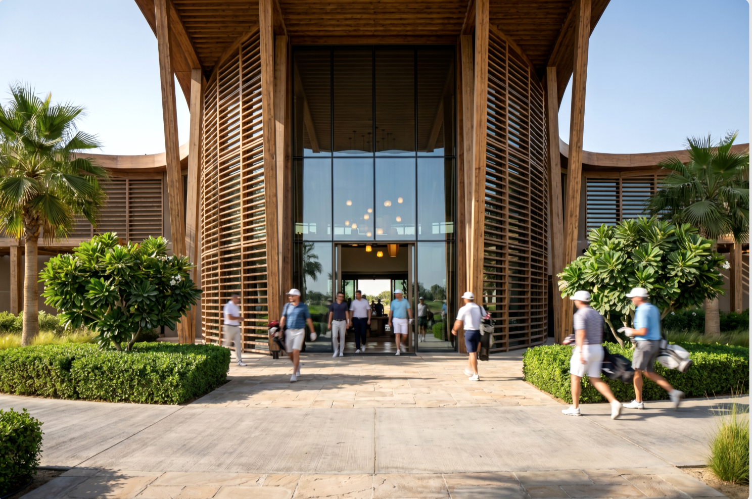 The Greens — close view of the central entrance under the tall timber portico with golfers walking in