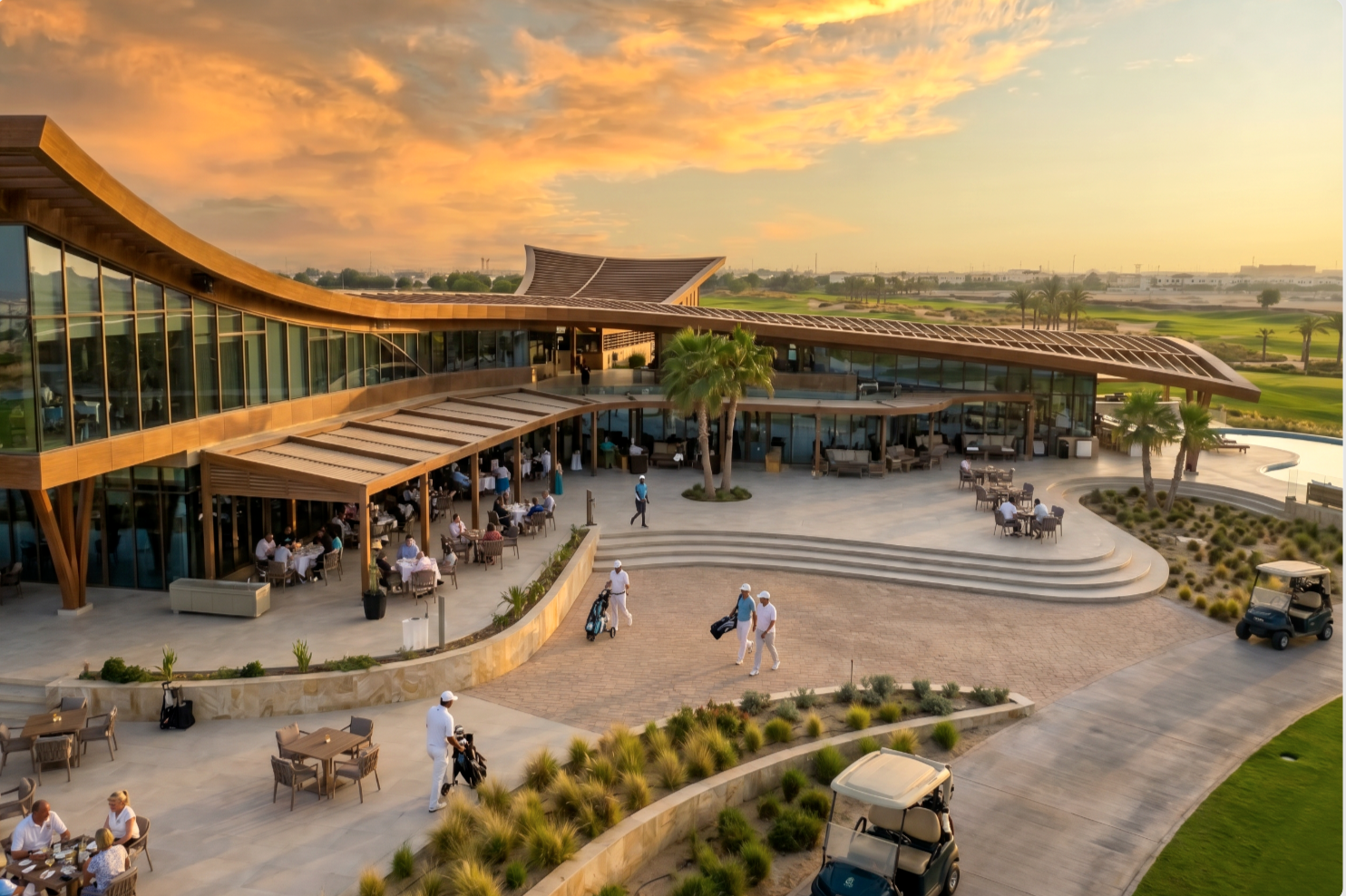 The Greens — approach view with outdoor terrace seating and a golf cart on the path beside the clubhouse
