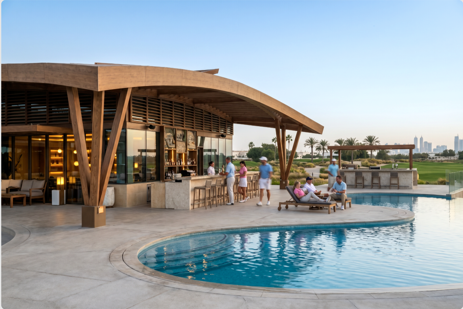 The Greens — pool bar terrace on the right side of the clubhouse at sunset with guests relaxing