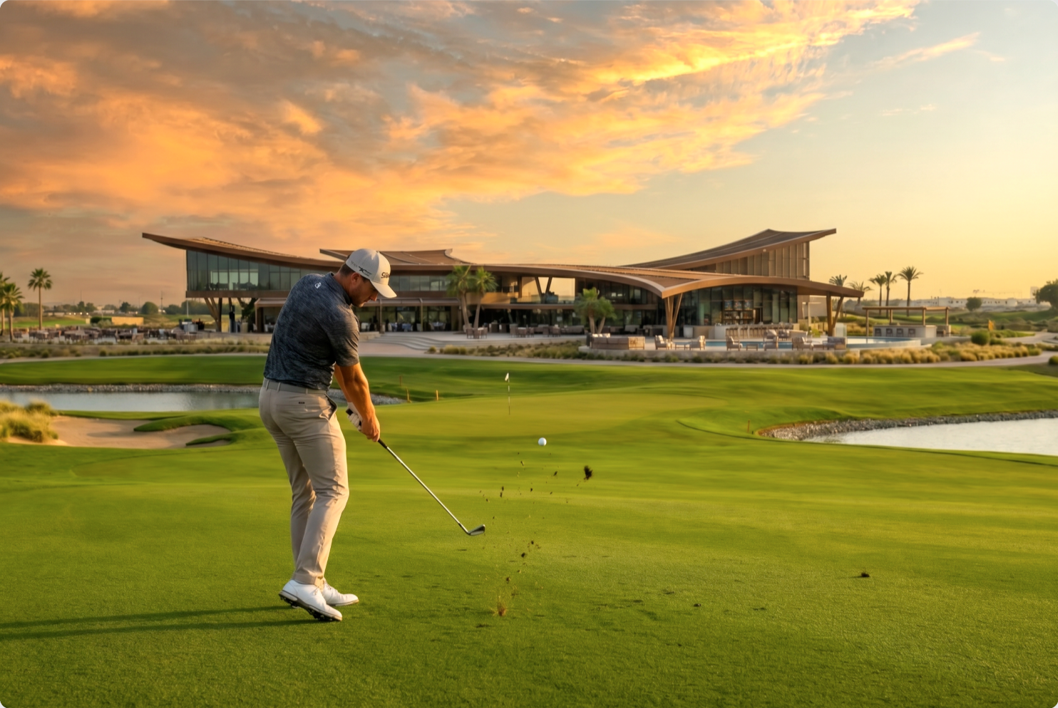 The Greens — a golfer playing a shot on the fairway with the clubhouse in the background at golden hour