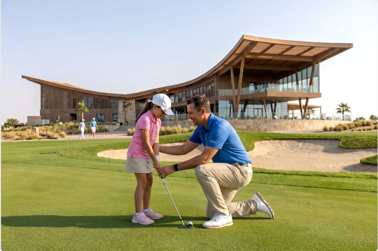 The Greens — a child taking a golf lesson from a coach on the course with the clubhouse behind
