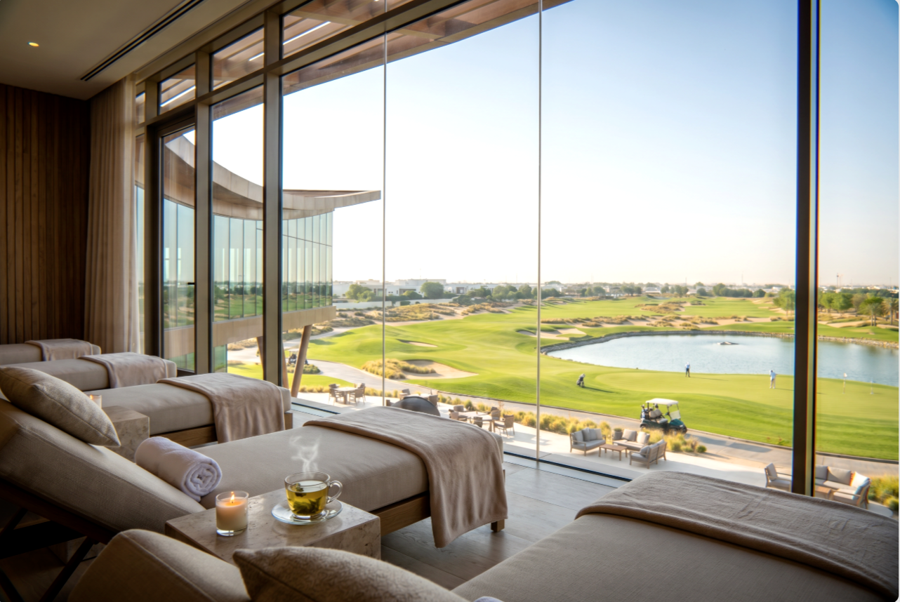 The Greens — POV from inside the spa lounge looking out over the golf course through full-height glass