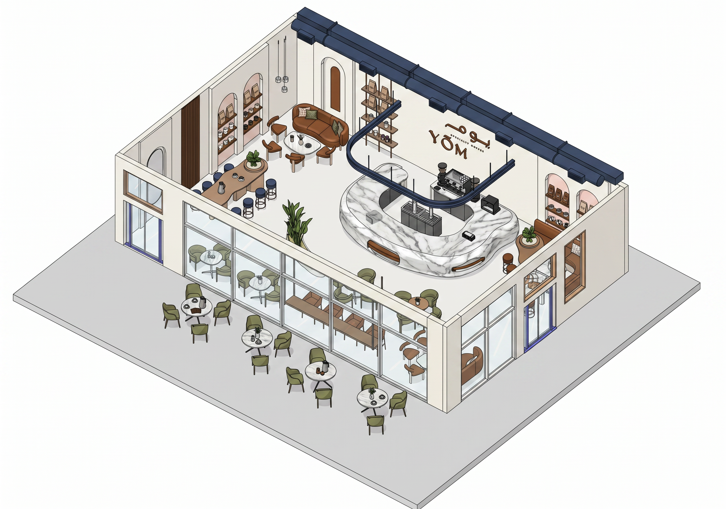 YOM Specialty Coffee — isometric view of the in-house 3D base model of the 150 sqm cafe