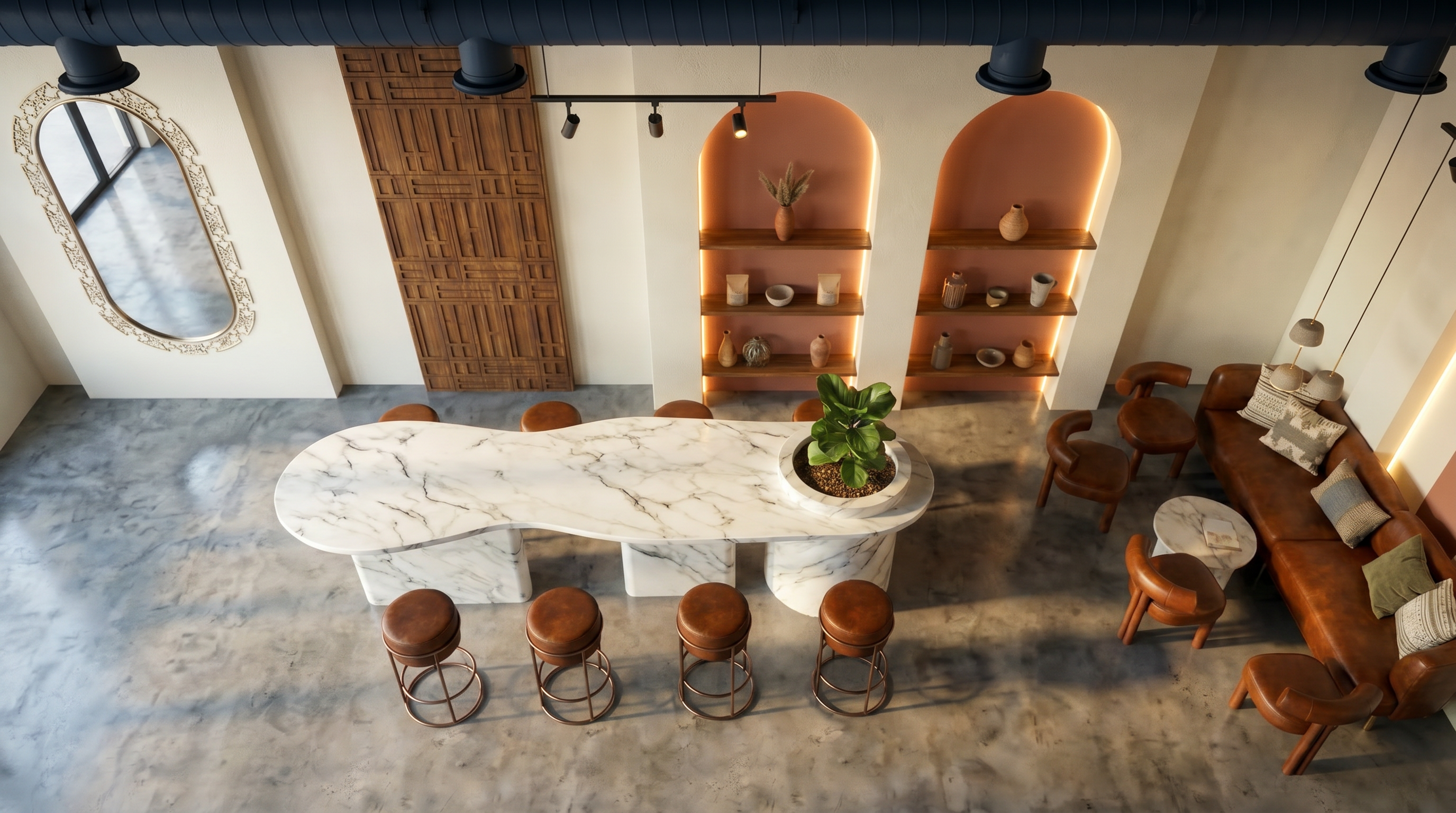 YOM — warm interior with terracotta arched niches, an organic white-marble communal table and rust leather chairs