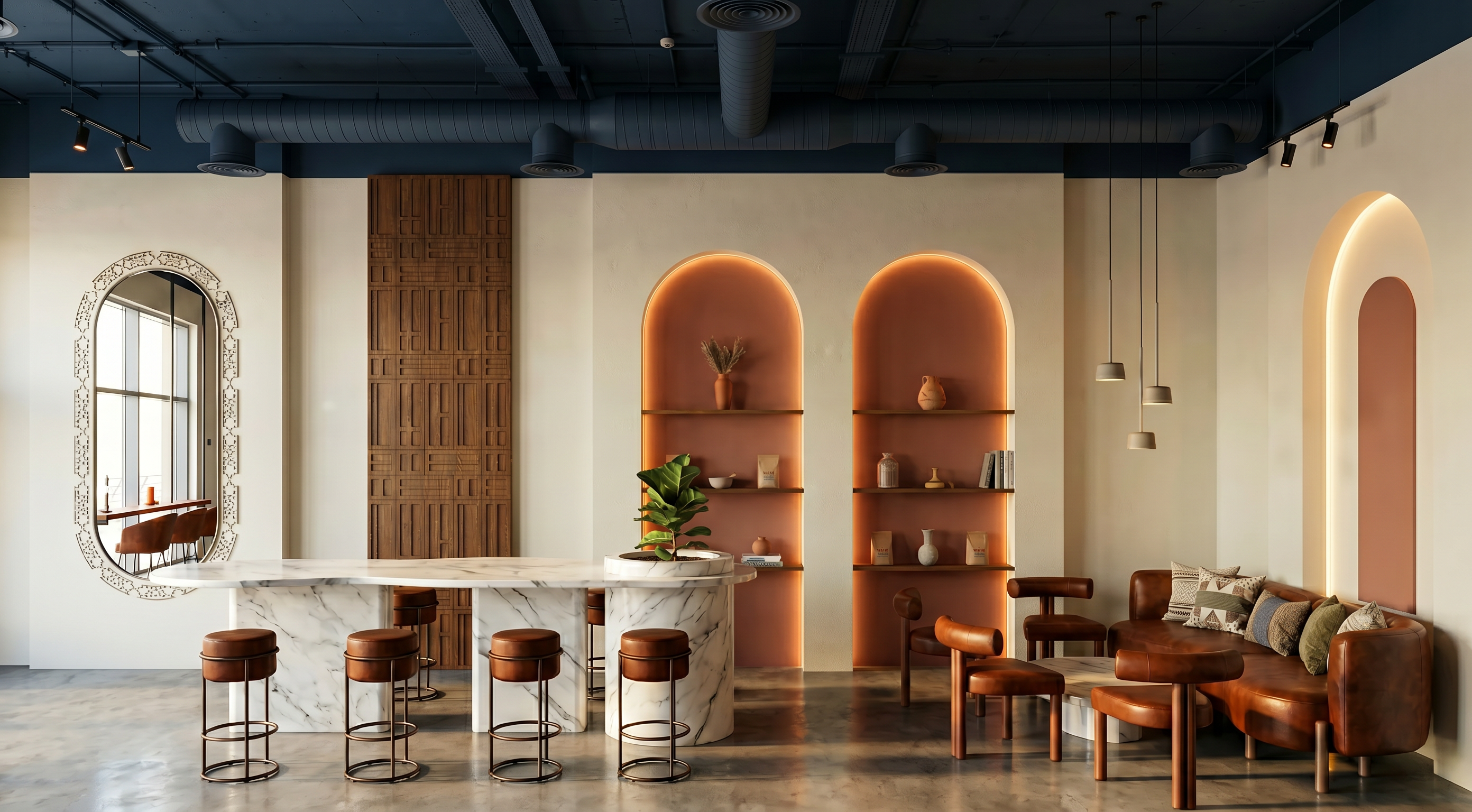 YOM — arched display niches beside a white-marble bar table in a terracotta and cream palette