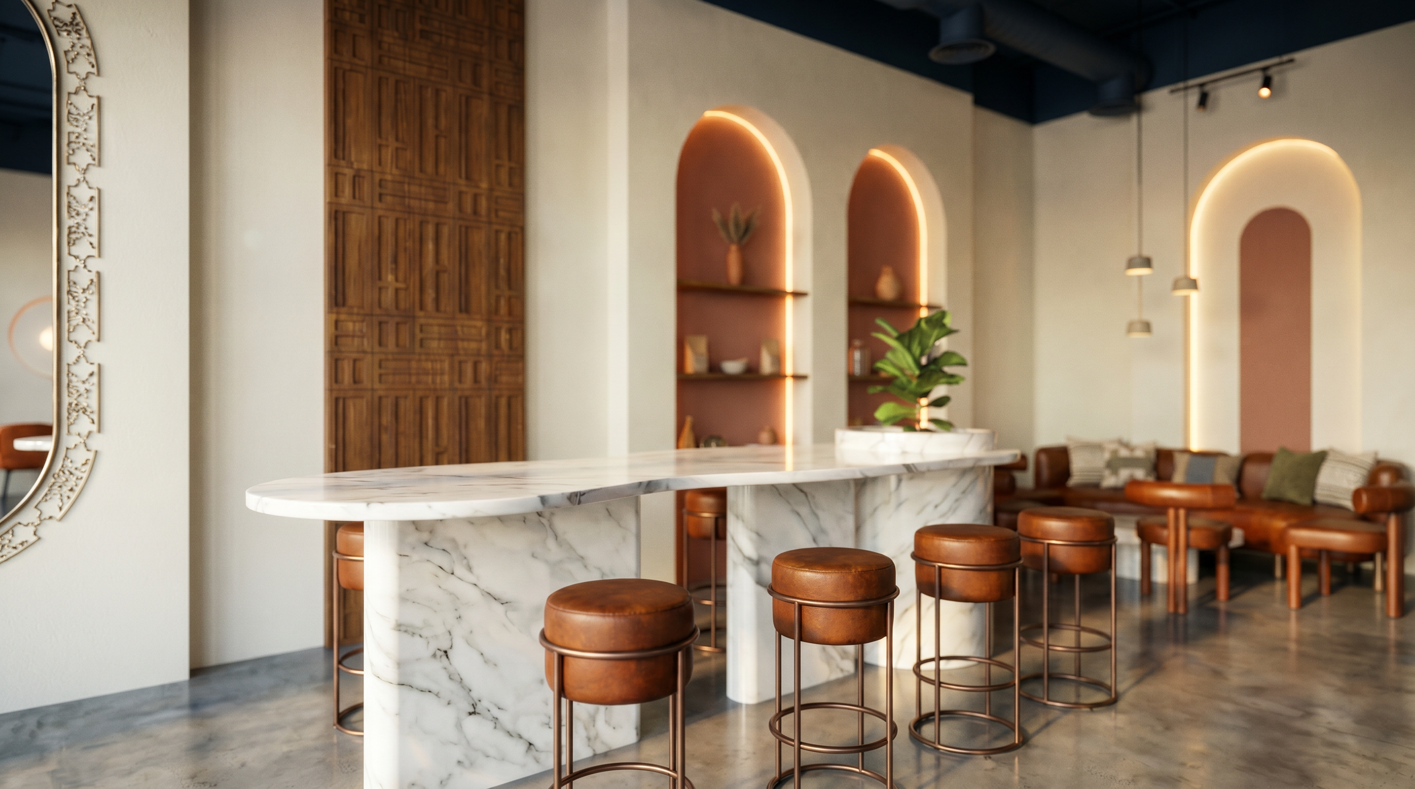YOM — hero coffee bar with a rounded white-marble counter, rust leather stools and a terracotta feature wall