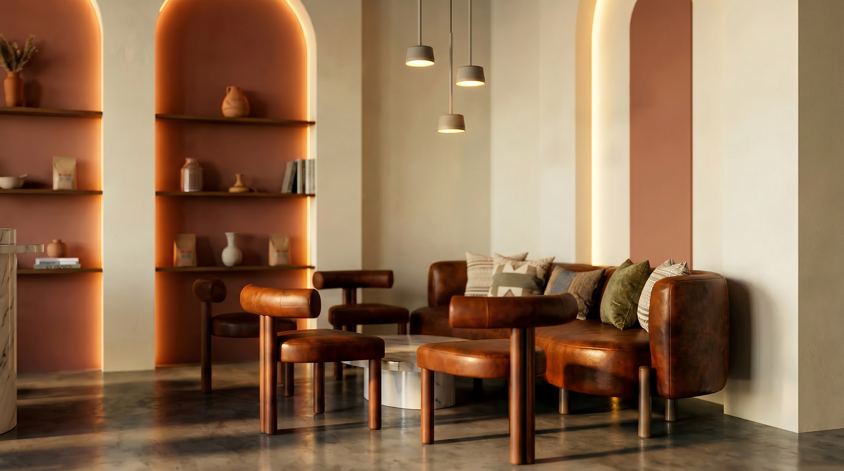 YOM — lounge corner with terracotta arched shelving holding ceramics and a rust leather sofa