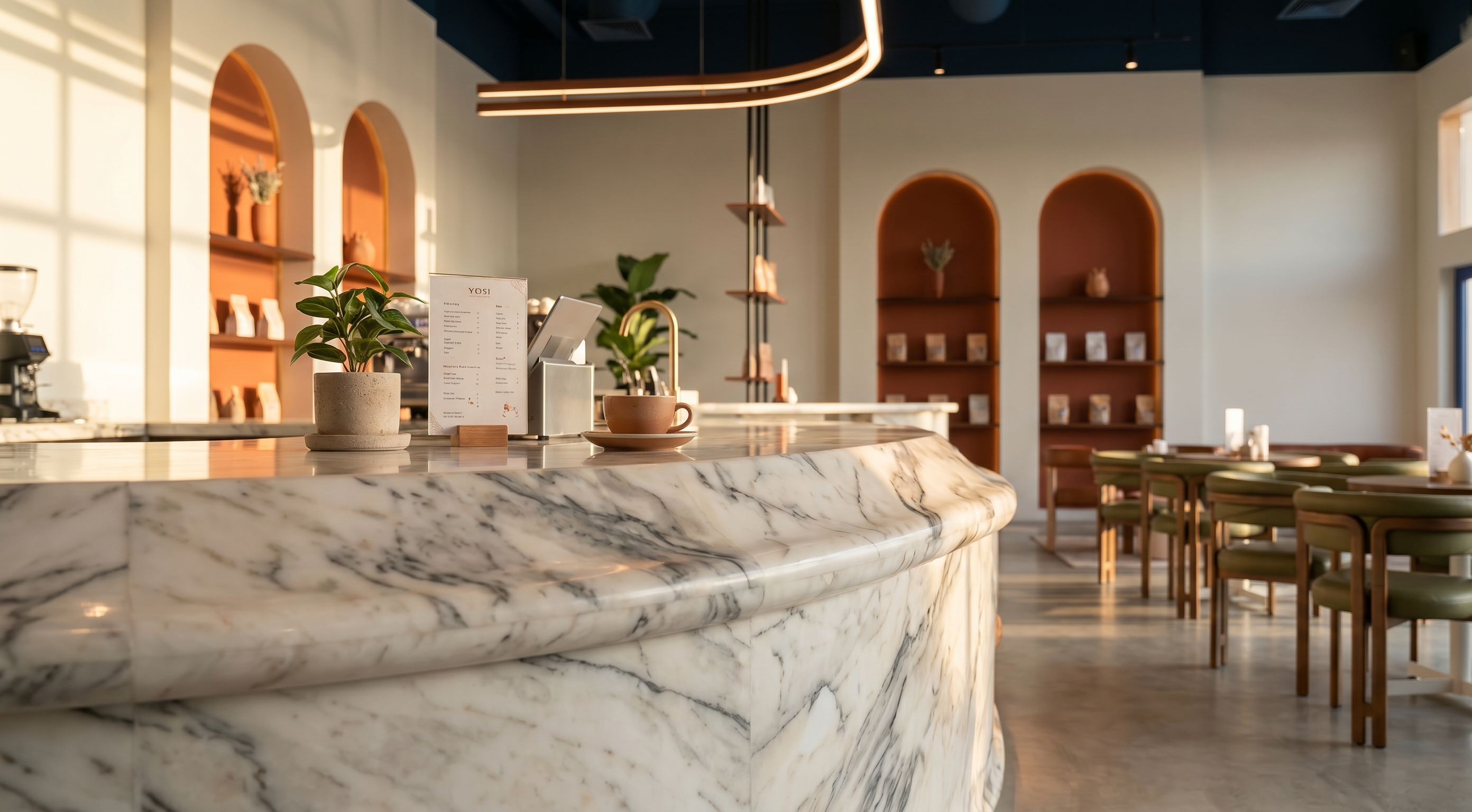 YOM — wide view of the marble coffee bar and seating under terracotta arches