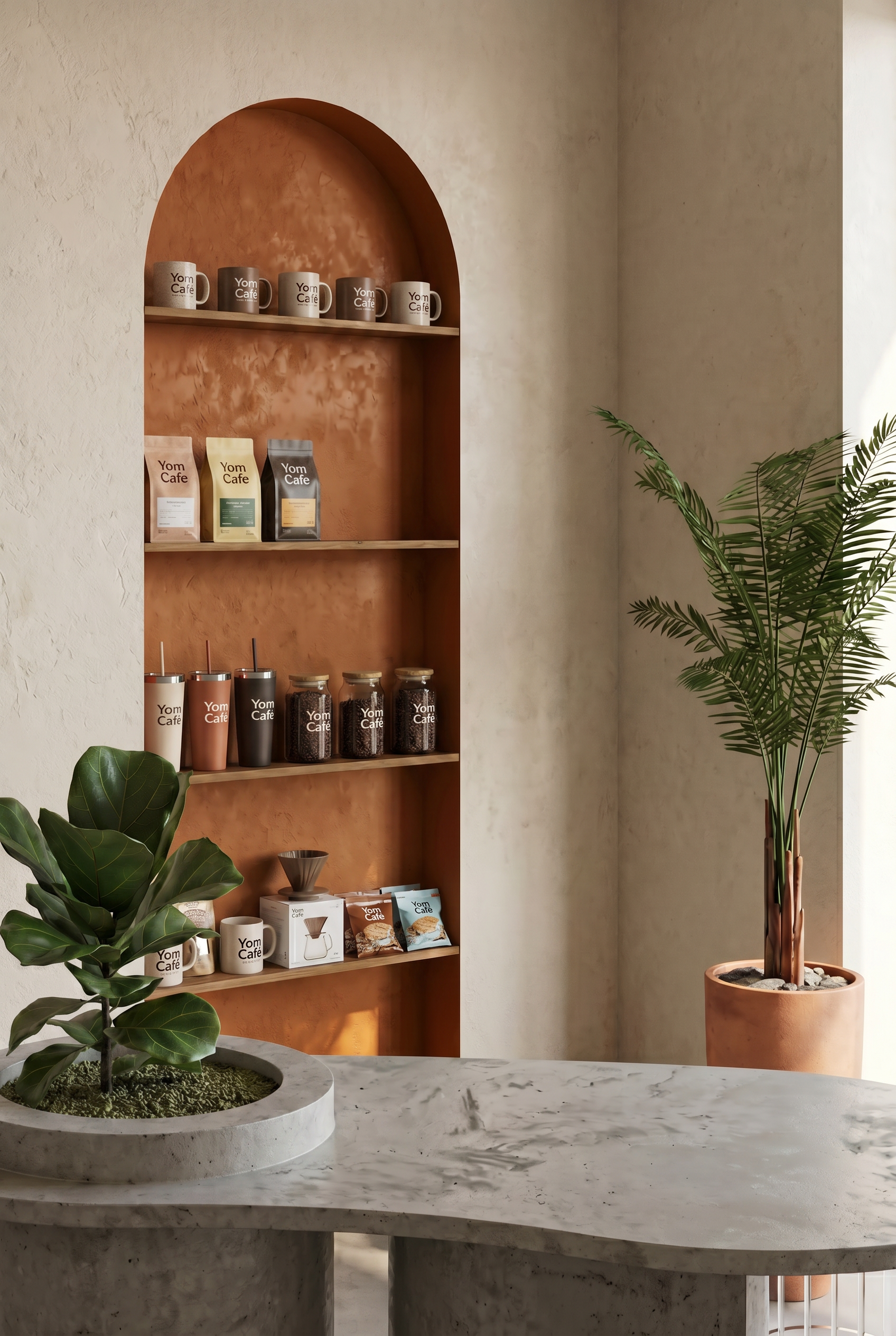 YOM — close detail of a terracotta arched niche displaying retail coffee products and a plant