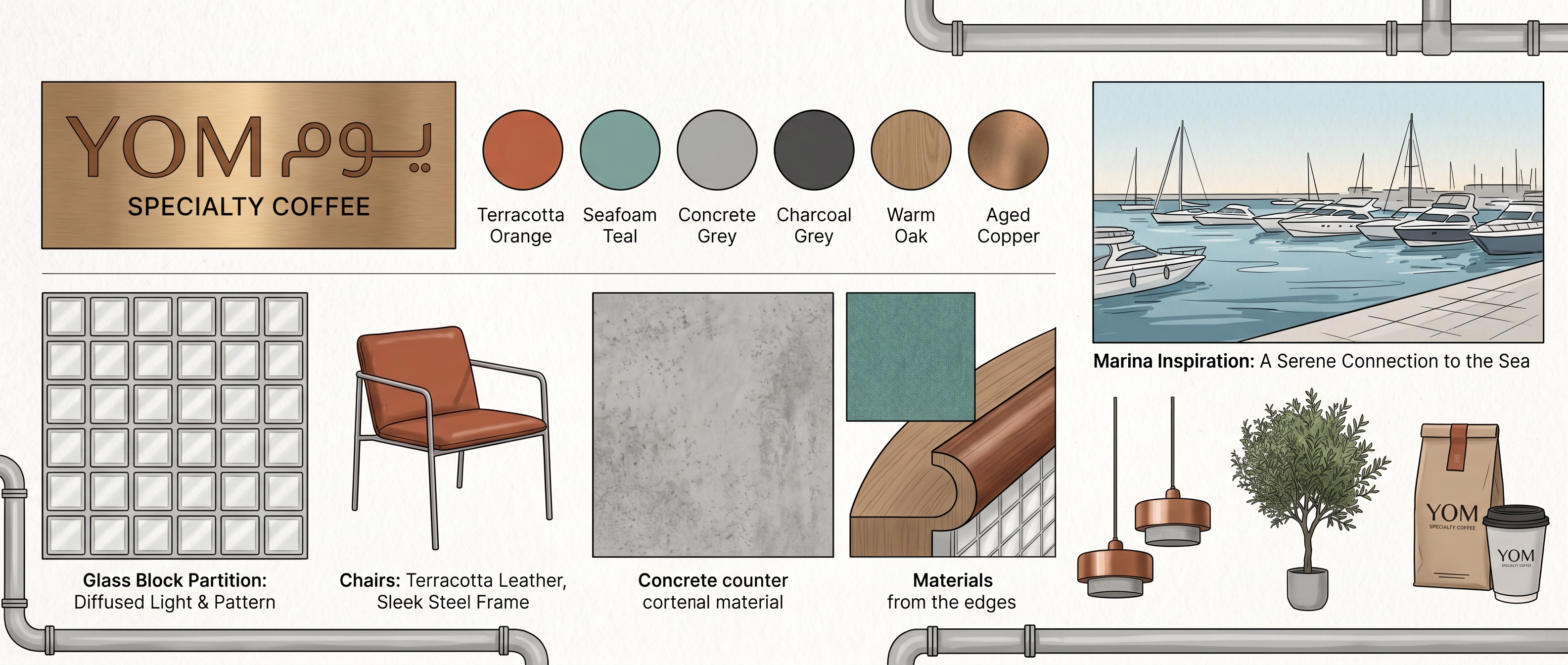 YOM Marina — materials board: terracotta orange, seafoam teal, concrete grey, charcoal grey, warm oak and aged copper, with a marina inspiration reference